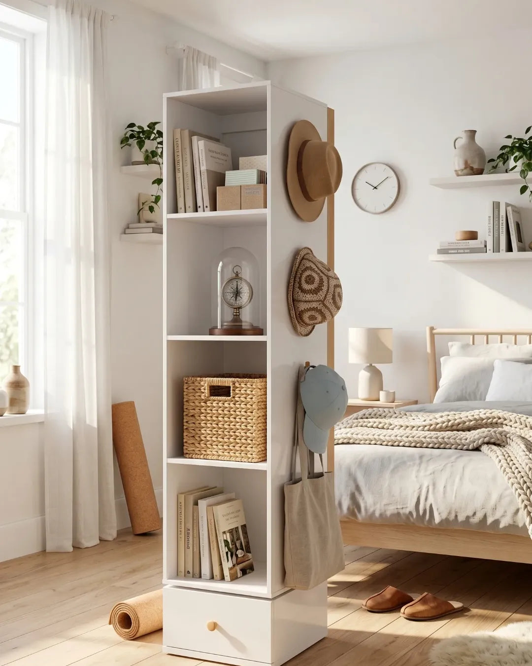 armoire à bijoux rotative avec miroir pleine longueur et étagères vue arrière sur les étagères