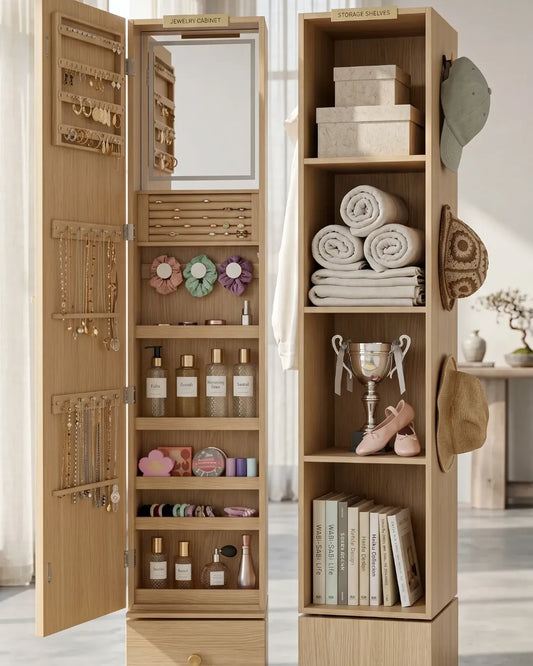 armoire à bijoux rotative avec miroir pleine longueur et étagères modèle Chloé couleur chêne