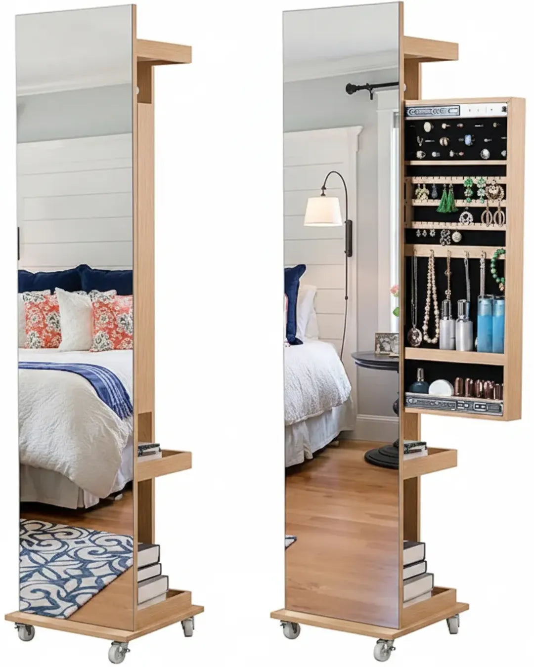 armoire à bijoux rotative modèle Sofia couleur chêne compartiment bijoux coulissant ouvert