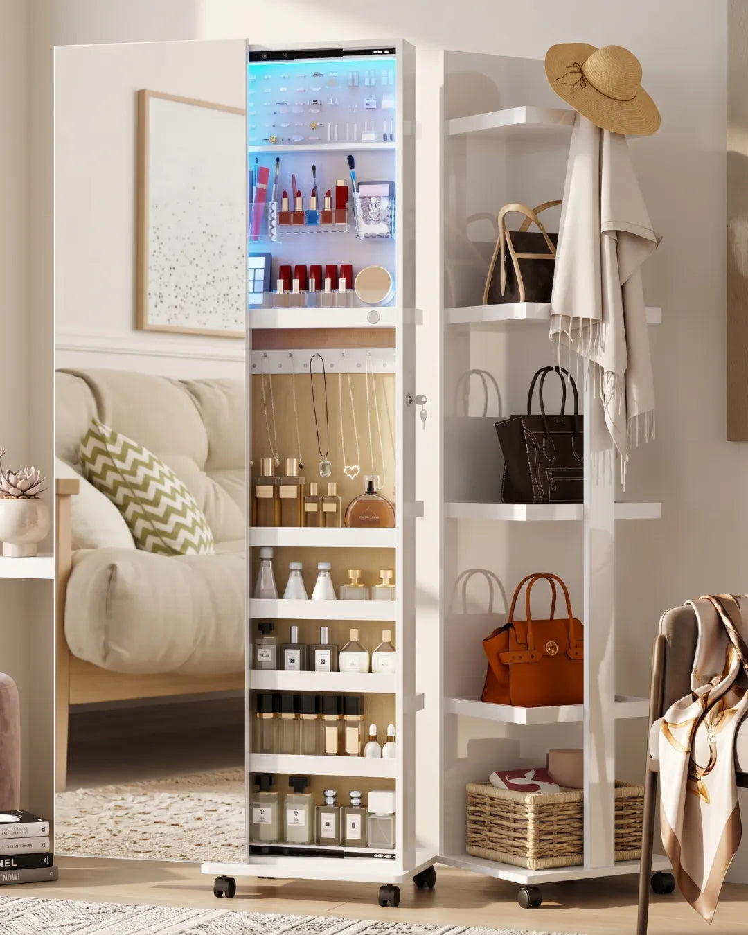 armoire à bijoux rotative modèle Stella couleur blanc ,compartiment bijoux ouvert