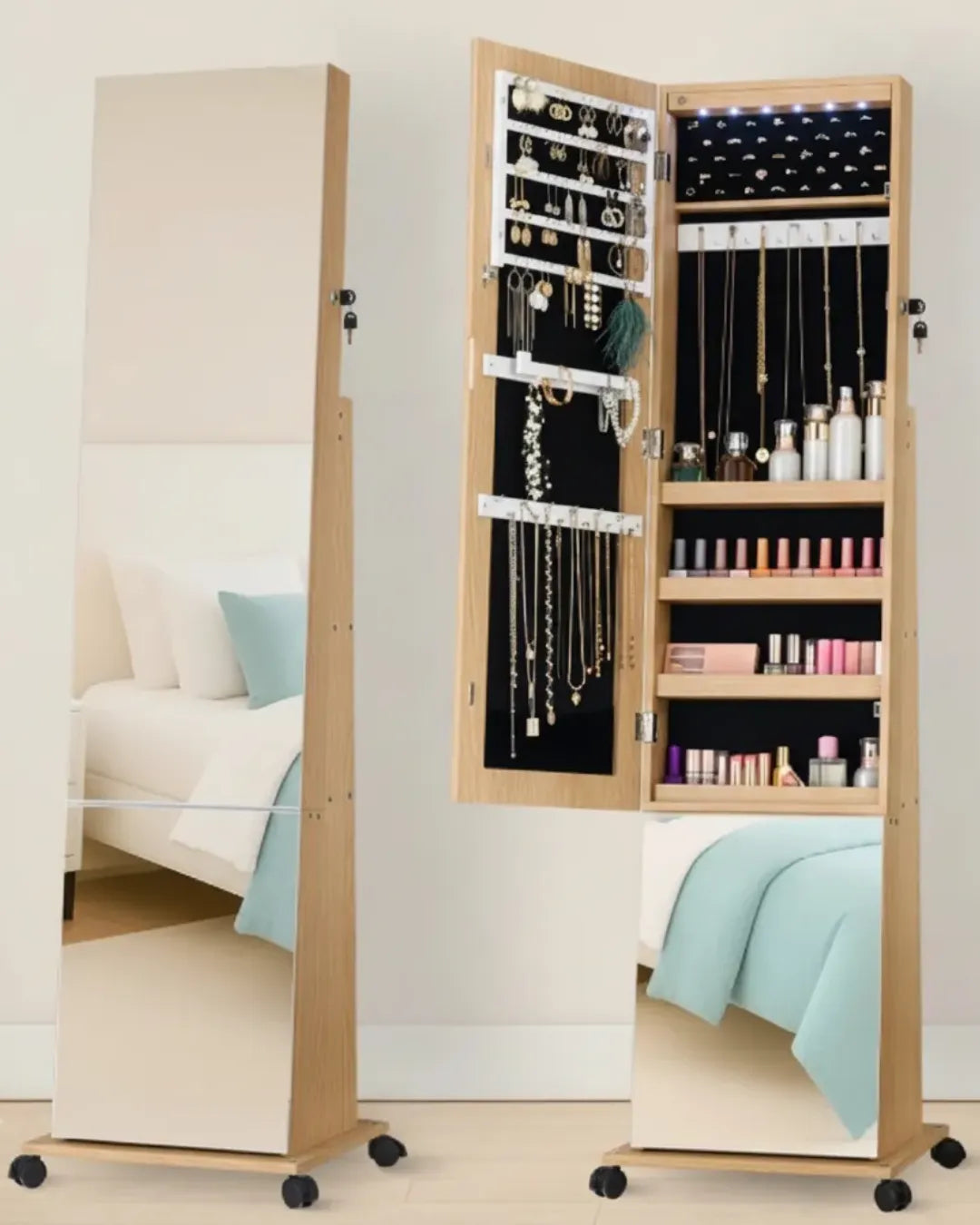 armoire à bijoux rotative avec  miroir pleine longueur modèle Mia couleur chêne