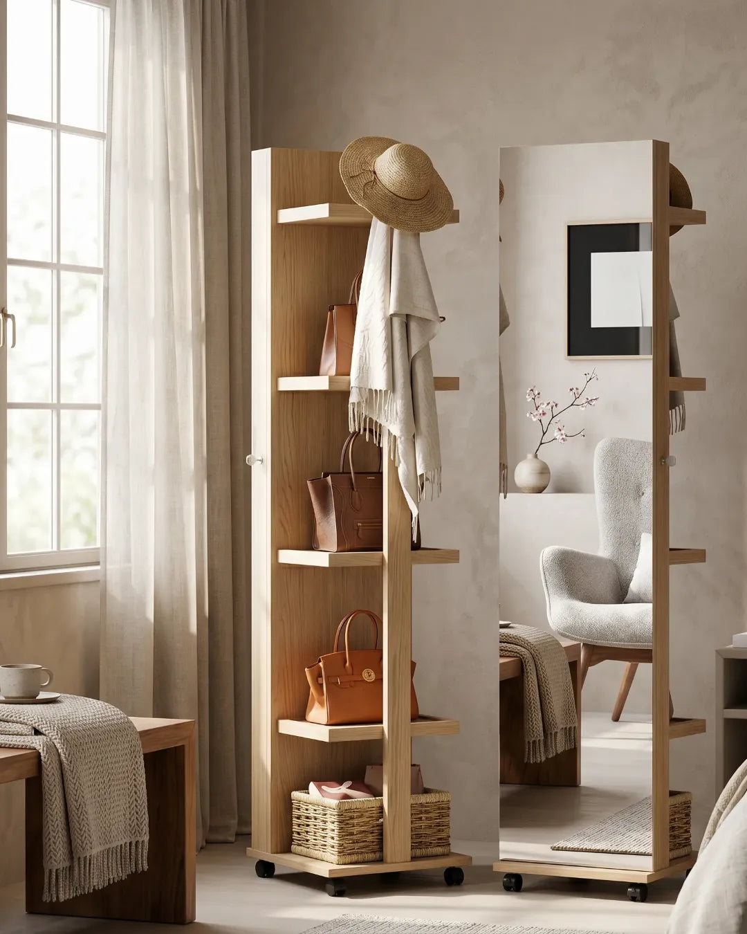 miroir pleine longueur rotatif avec armoire à bijoux coulissante dans une chambre à coucher
