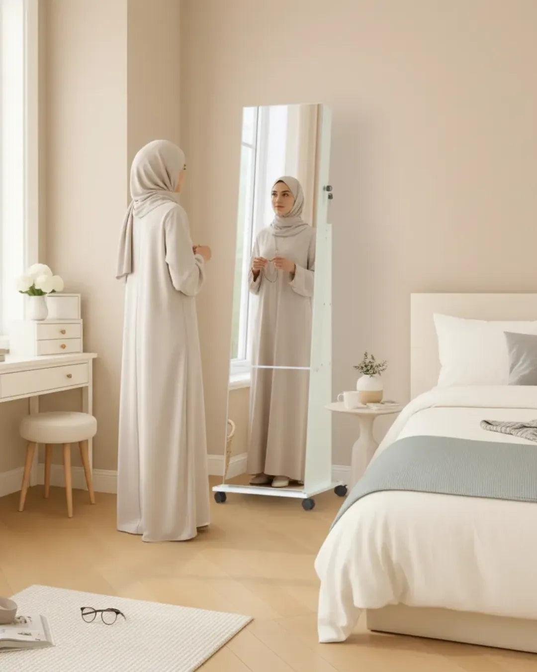 armoire à bijoux avec miroir pleine longueur  modèle Mia dans une chambre à coucher