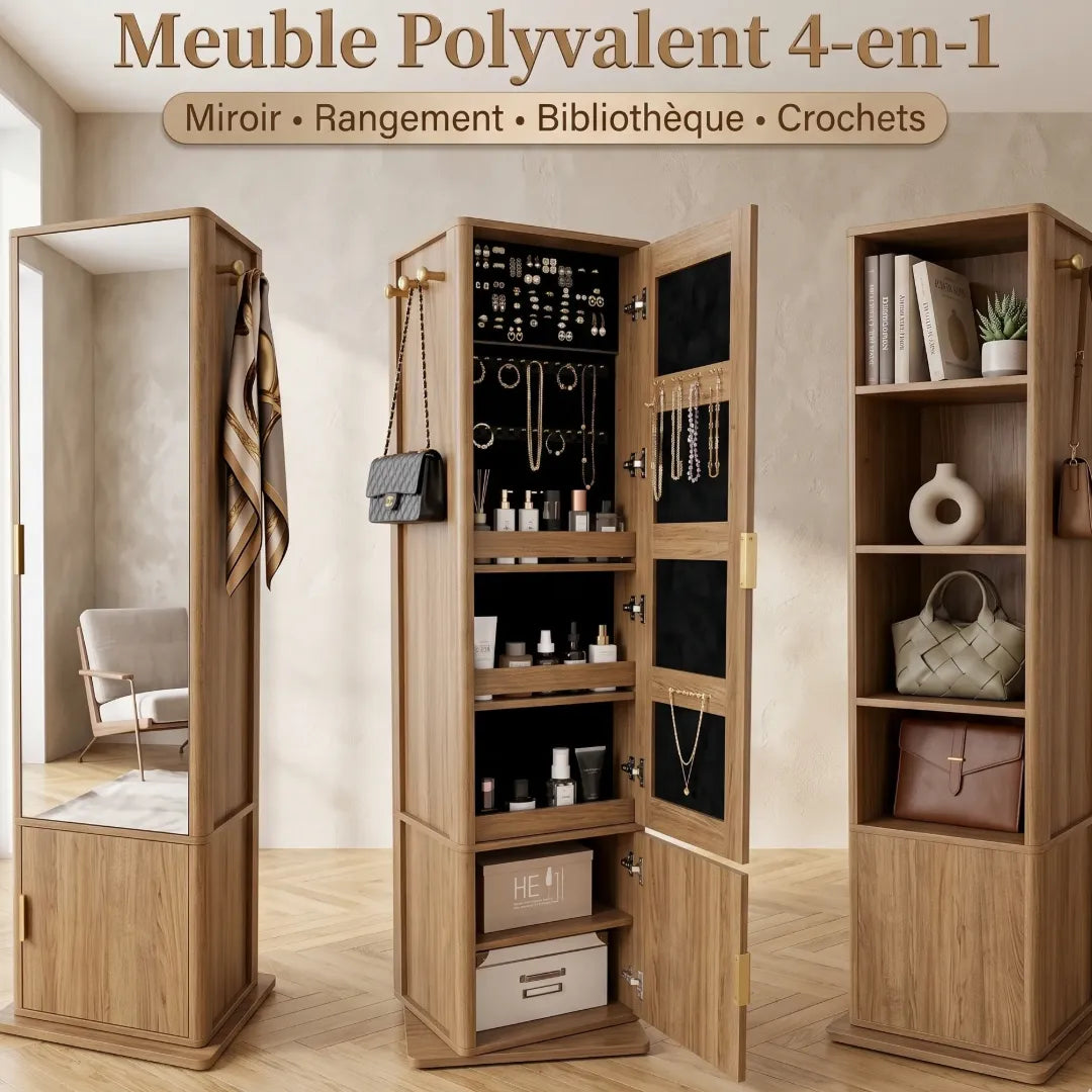 miroir pleine longueur rotatif avec armoire à bijoux ; porte-manteau  et  étagères modèle Stella