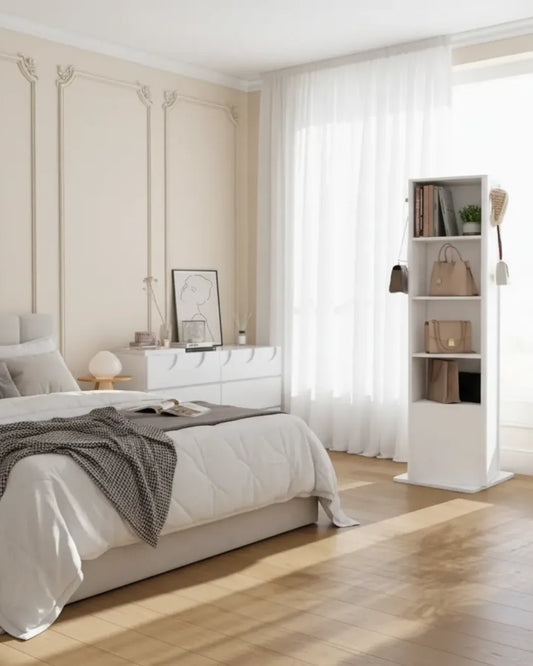 miroir pleine longueur rotatif modèle Stella avec armoire à bijoux, porte-manteau et étagères