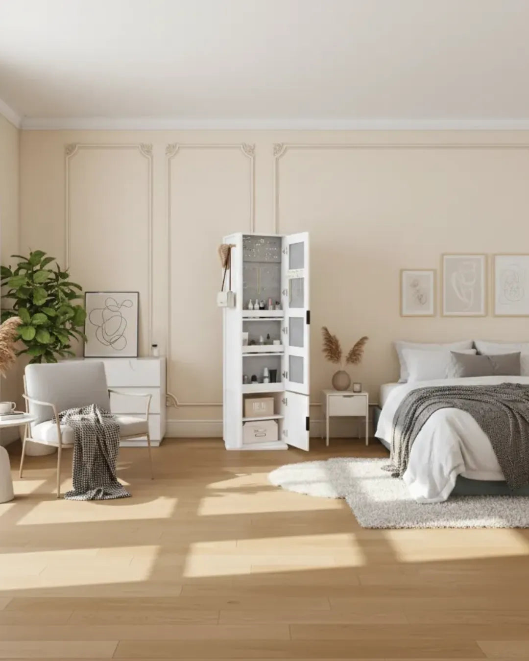 miroir pleine longueur rotatif modèle Stella vue sur l'armoire à bijoux dans une chambre à coucher