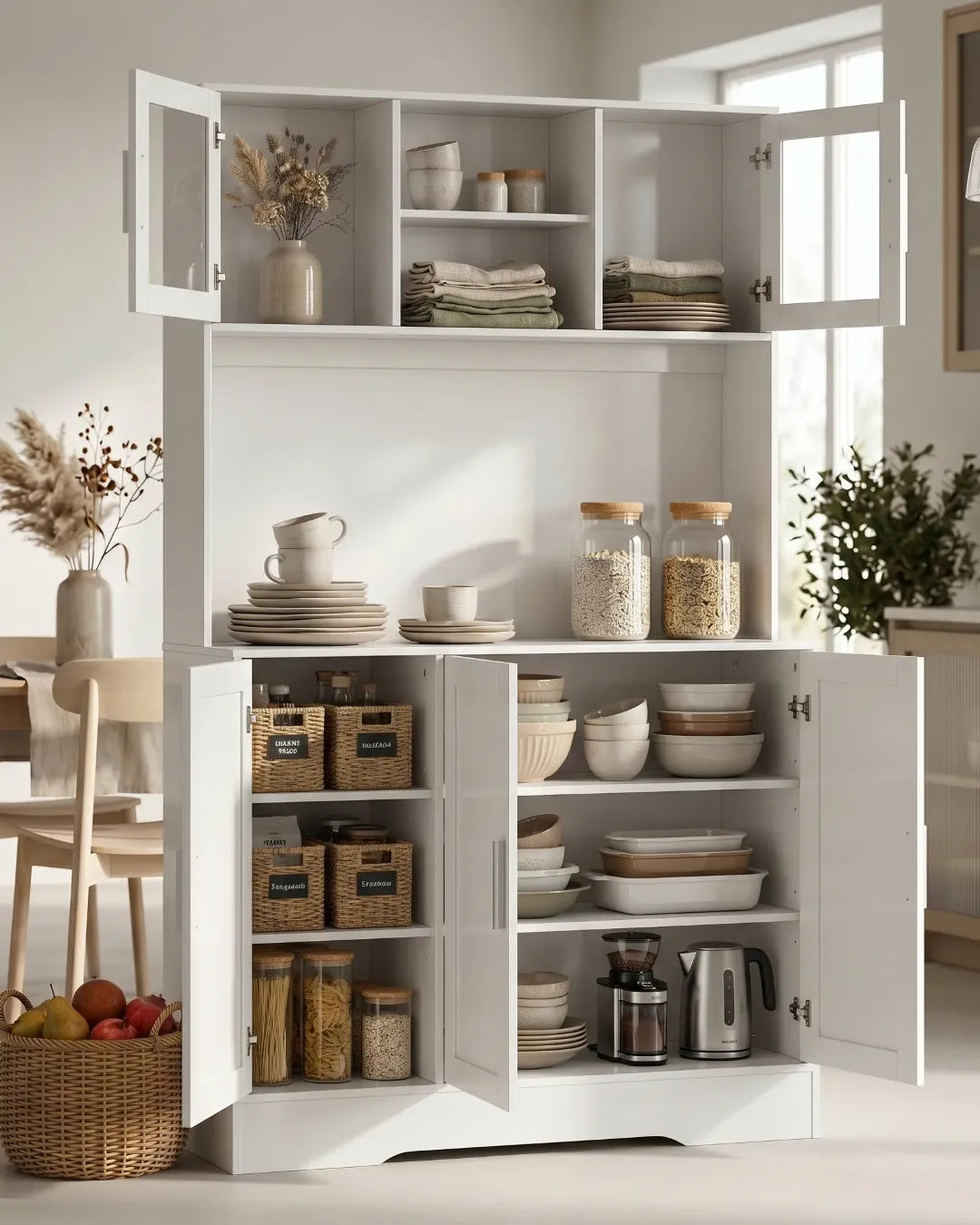 armoire buffet  avec huche modèle Amélia couleur blanc rangements ouverts dans une cuisine