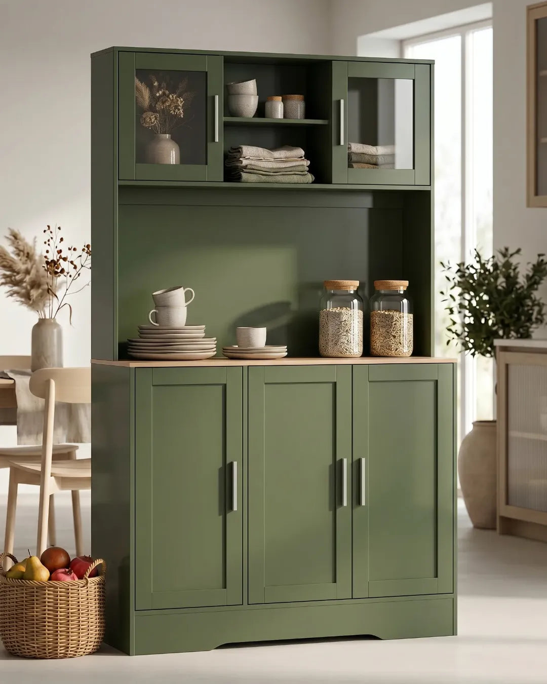 armoire buffet avec huche modèle Amélia couleur vert dans une cuisine