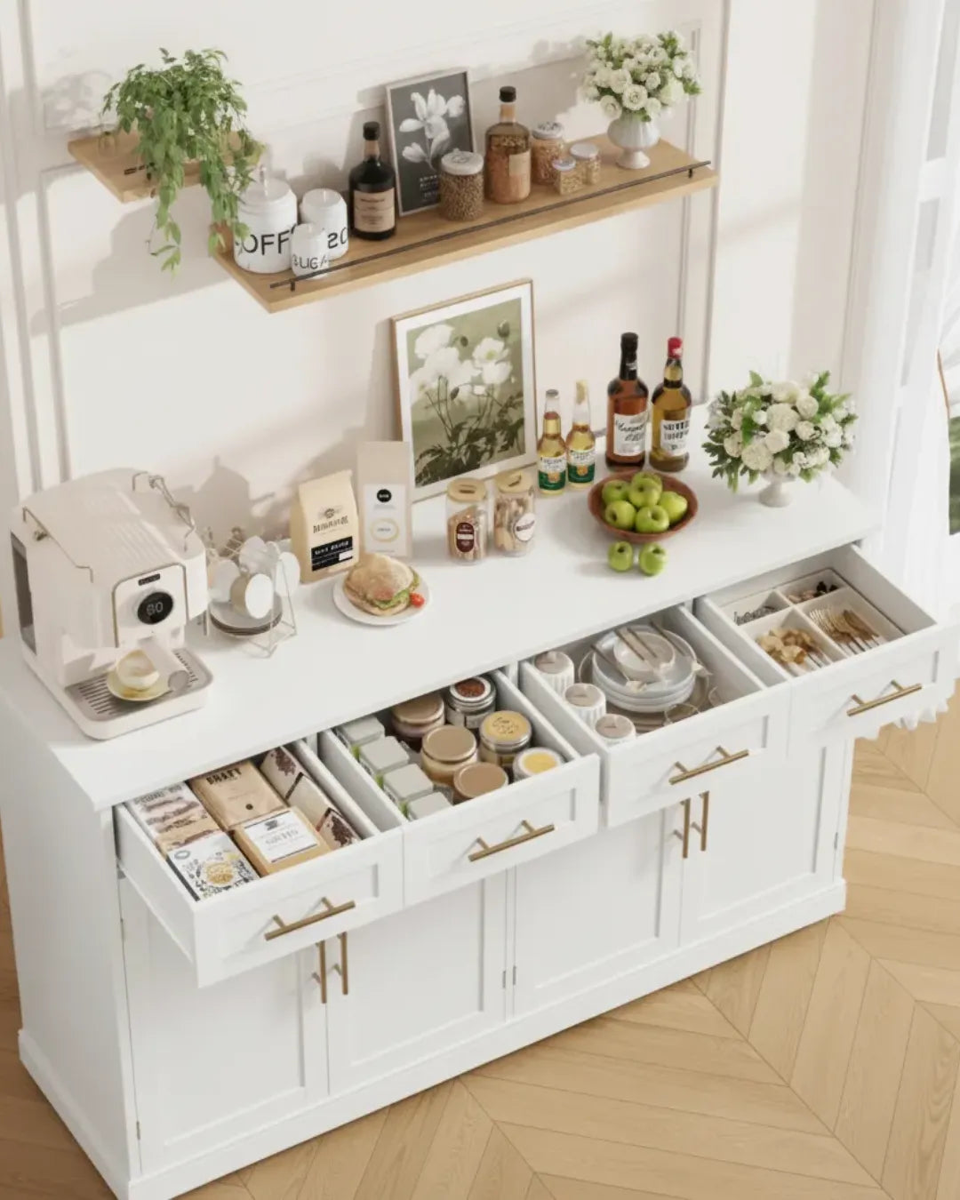 armoire buffet modèle Atlas couleur blanc avec les tiroirs ouverts