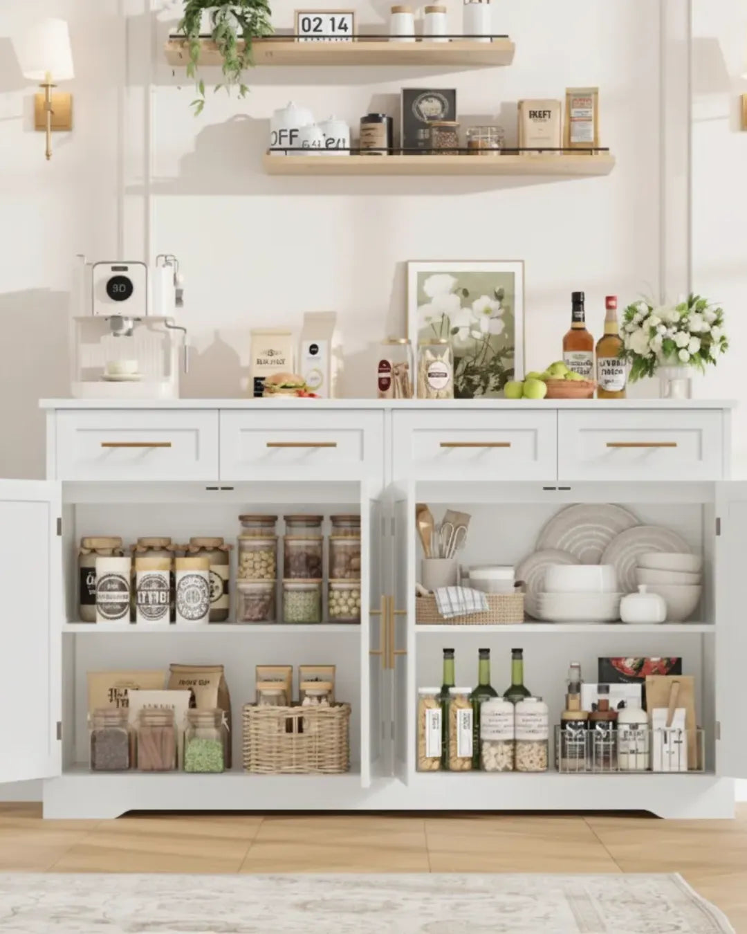 armoire buffet modèle Atlas couleur blanc avec le rangement ouvert