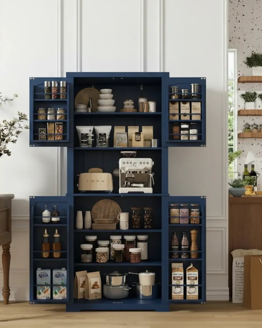 armoire buffet modèle Augustine couleur bleu marine portes latérales ouvertes