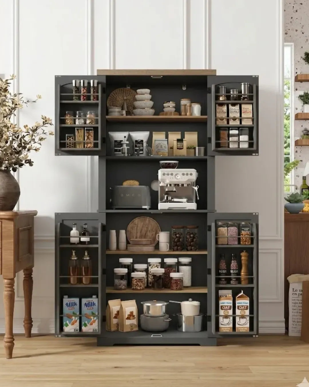 armoire buffet modèle Augustine couleur gris portes latérales ouvertes