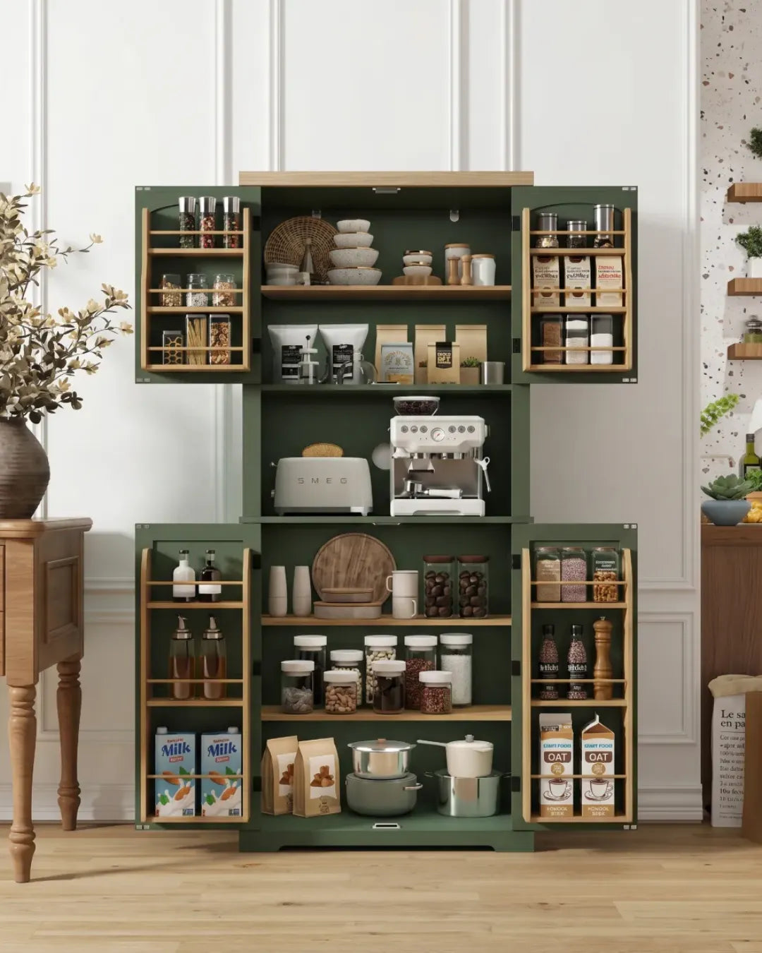 armoire buffet modèle Augustine couleur vert portes latérales ouvertes