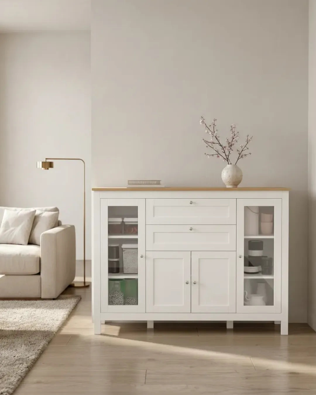 armoire buffet modèle Ophelia couleur blanc dans un salon