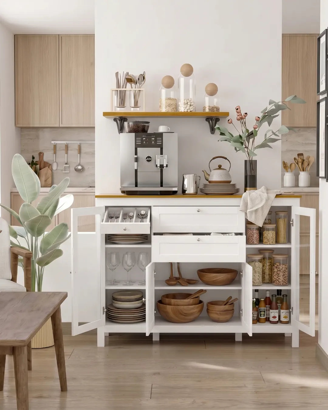 armoire buffet modèle Ophelia couleur blanc portes et tiroirs ouverts dans une cuisine