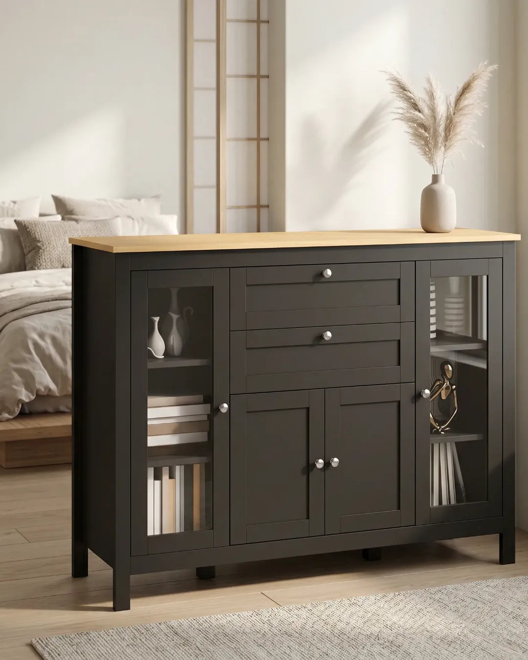 armoire buffet modèle Ophelia couleur noir dans une chambre à coucher