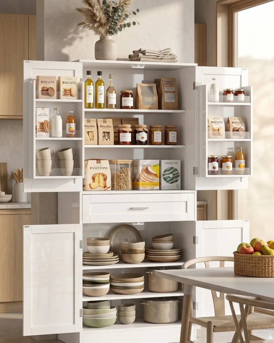 armoire buffet modèle Céleste couleur blanc portes ouvertes dans une cuisine
