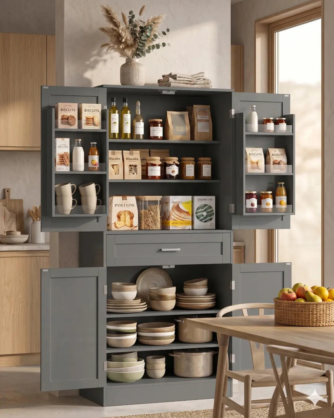armoire buffet modèle Céleste couleur gris portes ouvertes dans une cuisine
