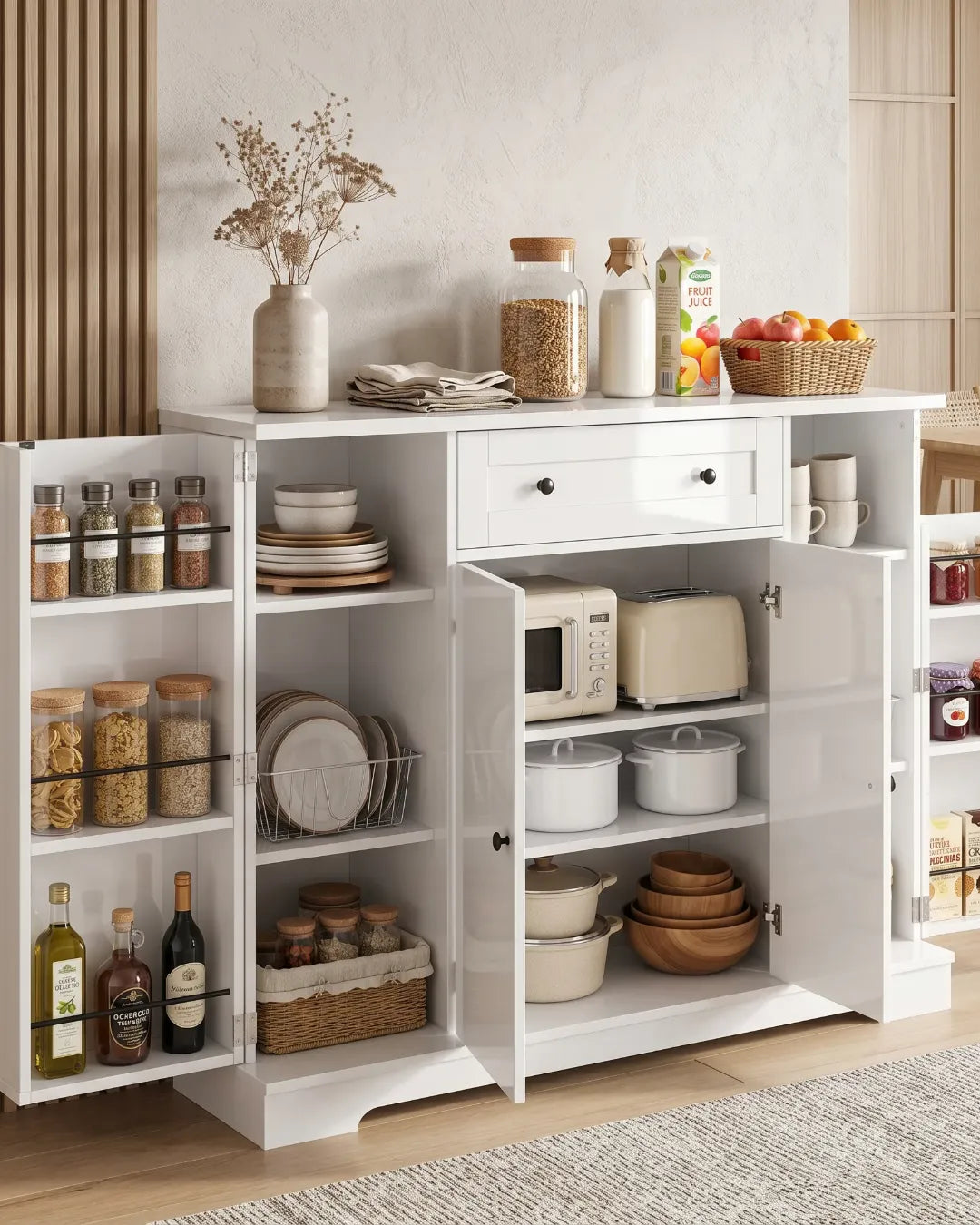 buffet armoire modèle Clara couleur blanc portes ouvertes dans une cuisine
