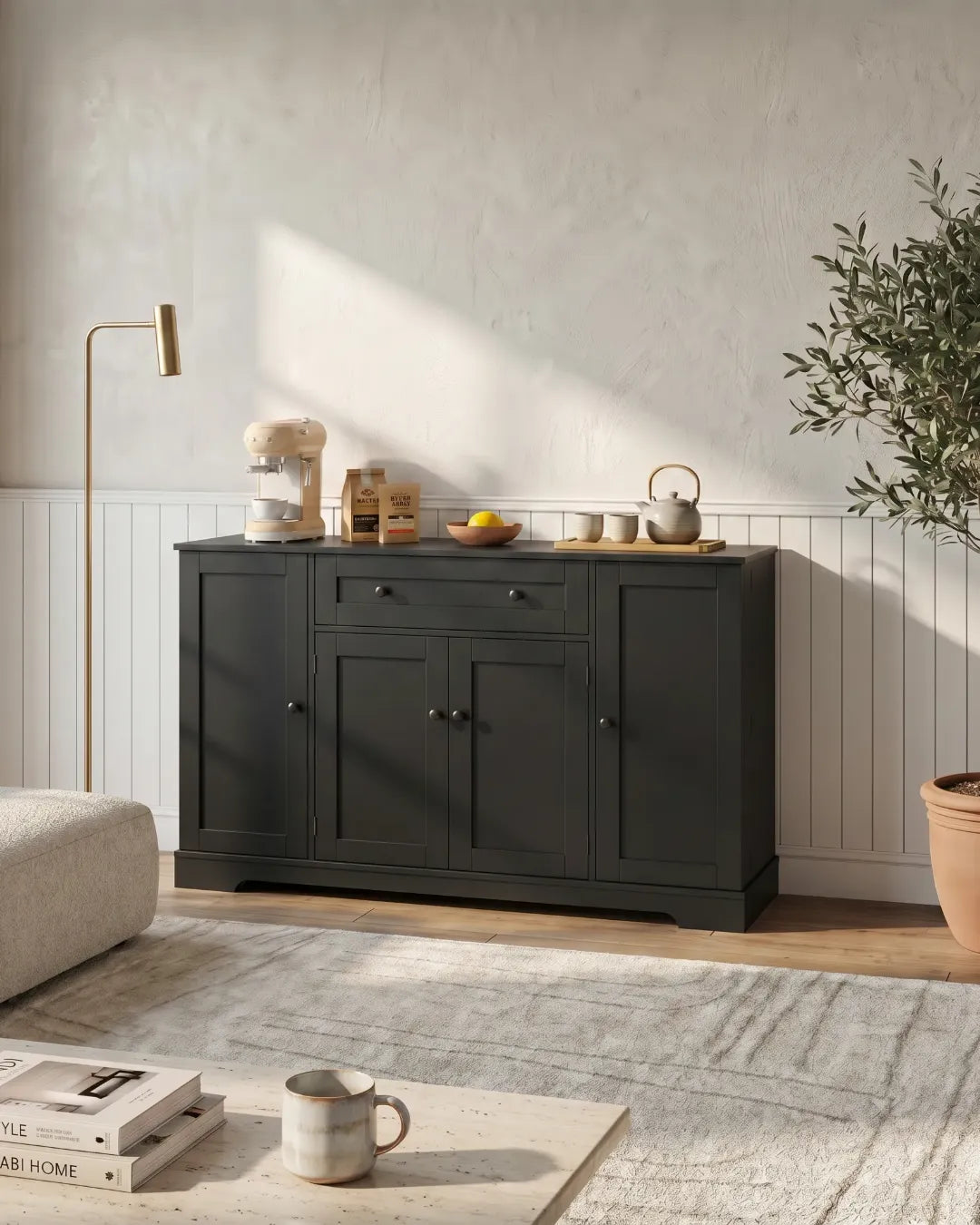 armoire buffet modèle Clara couleur gris dans un salon