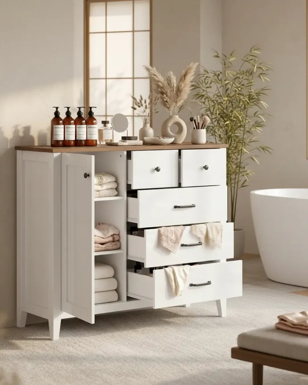 armoire buffet modèle Eden couleur blanc tiroirs et porte ouverts dans une salle de bain