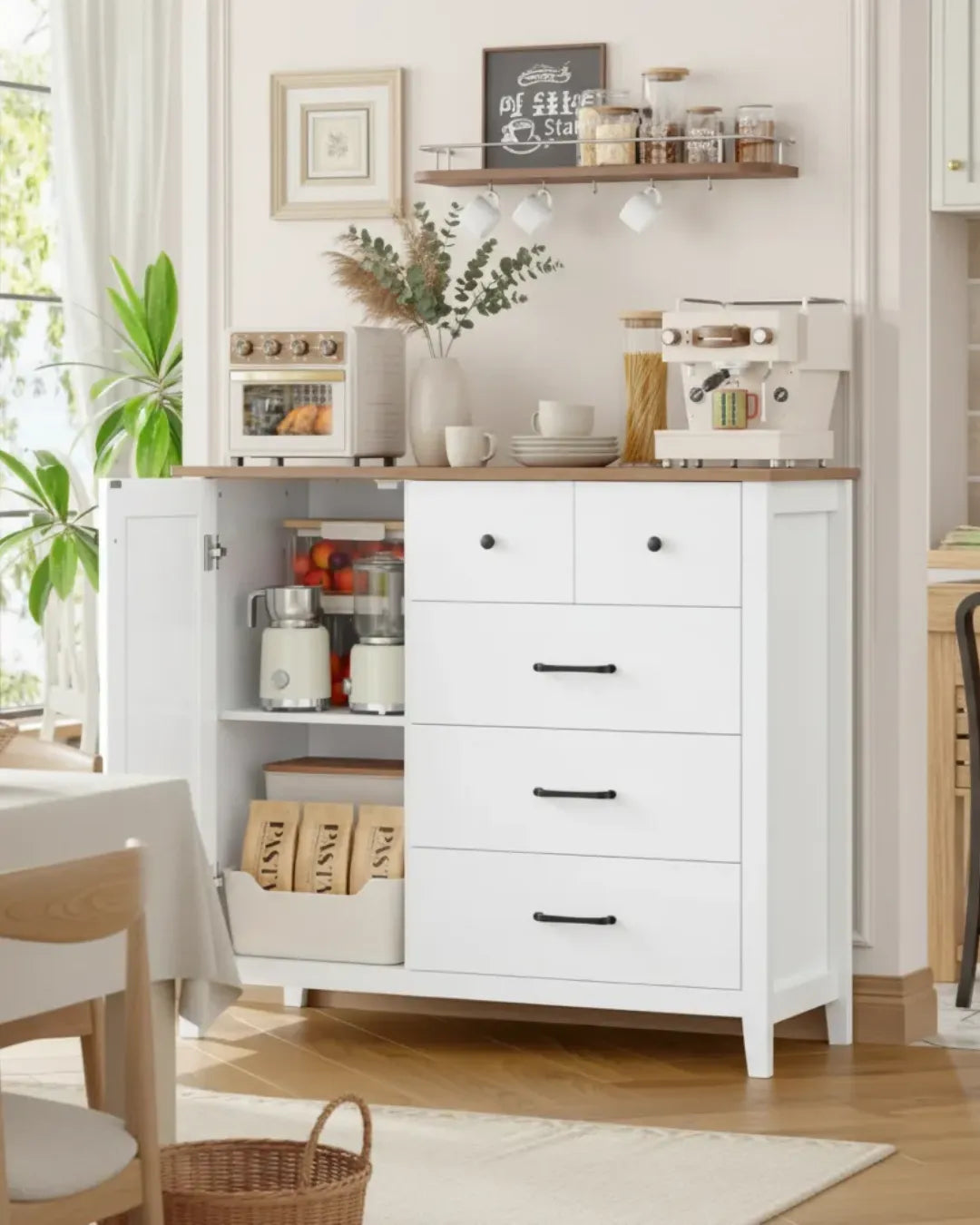 armoire buffet modèle Eden couleur blanc porte ouverte dans un salon