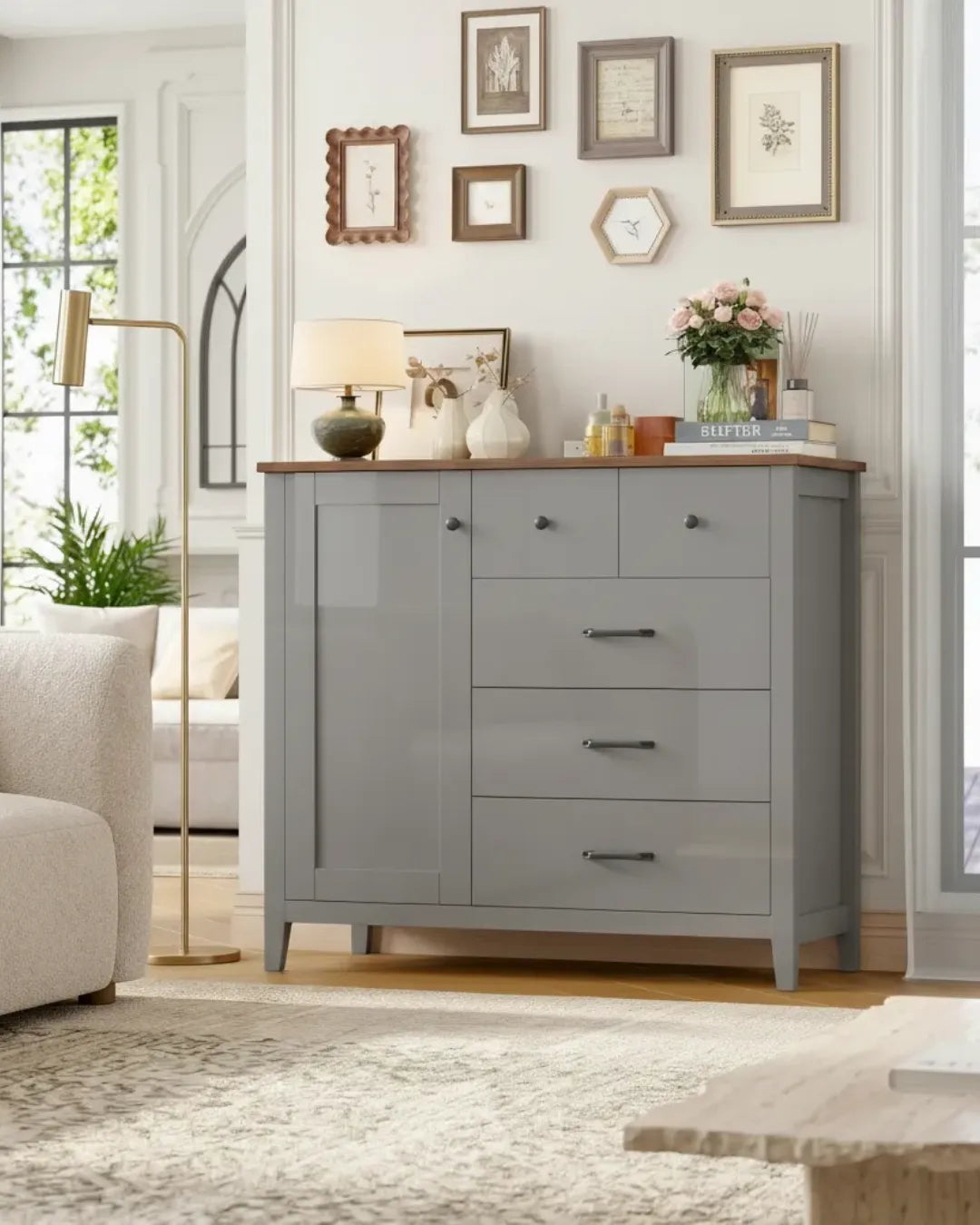 armoire buffet modèle Eden couleur gris dans un salon