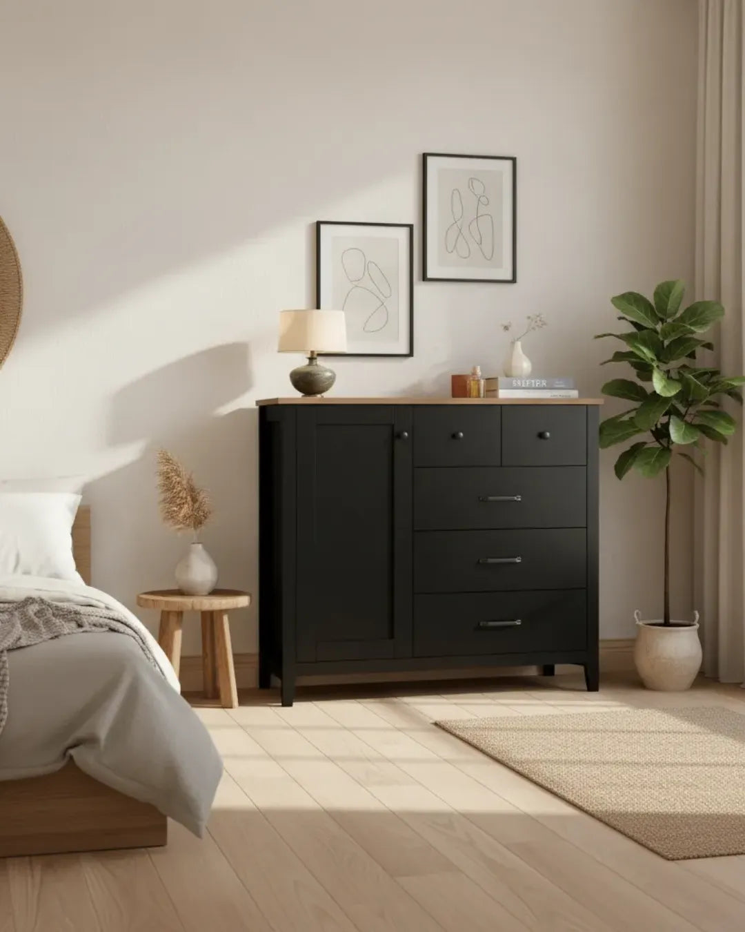 armoire buffet modèle Eden couleur noir dans une chambre à coucher