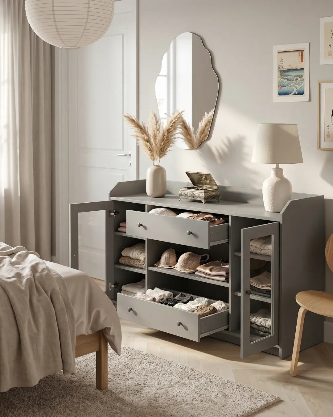 armoire buffet polyvalent modèle Elea  couleur gris portes et tiroirs ouverts 