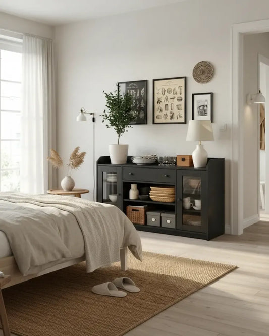armoire buffet polyvalent modèle Elea couleur noir dans une chambre