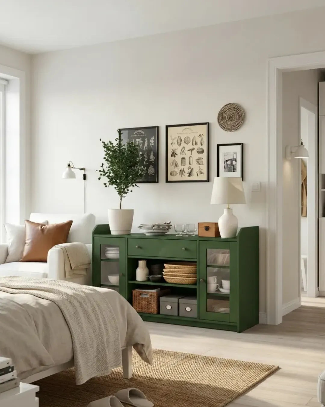 armoire buffet polyvalent modèle Elea vert  dans une chambre 