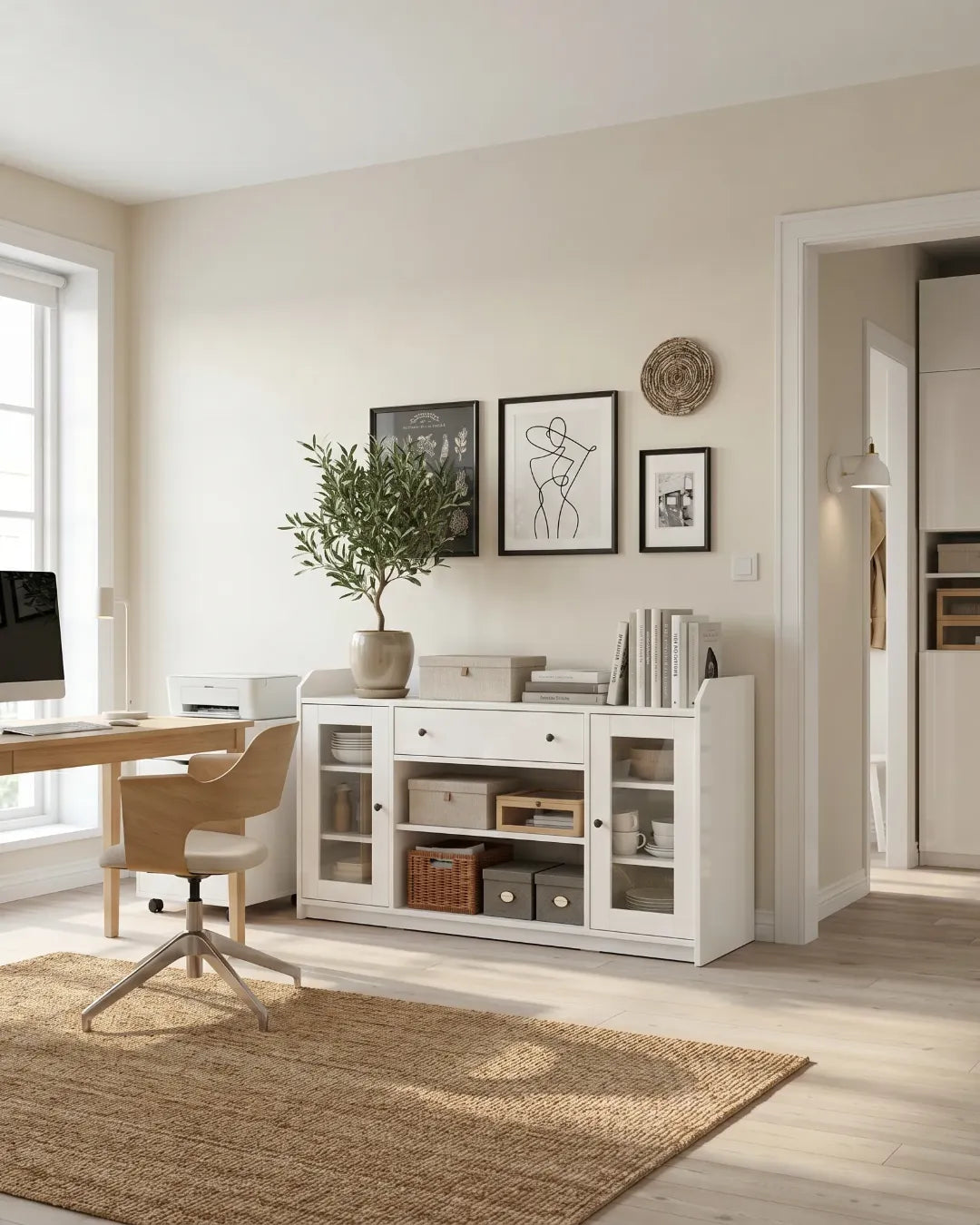 armoire buffet polyvalent modèle Elea couleur blanc dans un home office