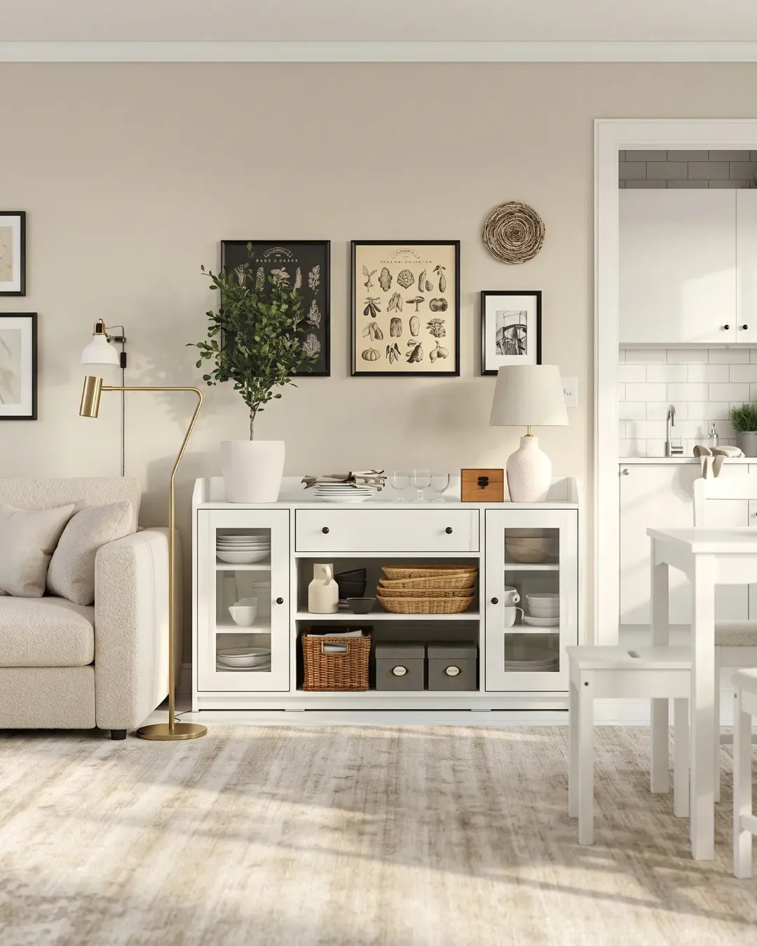 armoire buffet polyvalent modèle Elea couleur blanc dans un living room