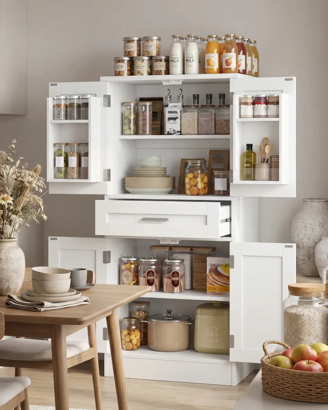 armoire buffet modèle Farmhouse couleur blanc portes et tiroir ouverts dans une cuisine