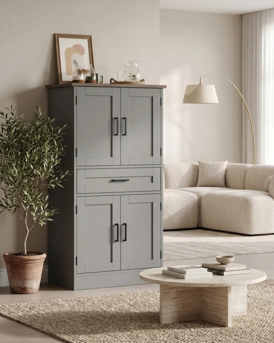 armoire buffet modèle Farmhouse couleur gris dans un salon