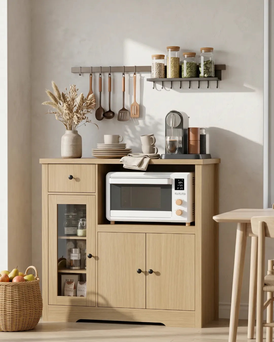 armoire buffet avec support micro-ondes modèle Livia couleur chêne dans une cuisine