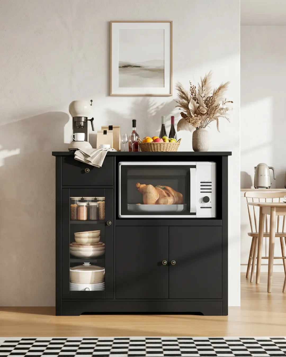 armoire buffet avec support micro-ondes modèle Livia couleur noir dans une cuisine