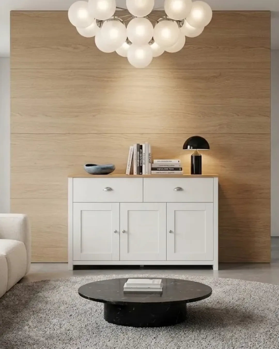 buffet polyvalent modèle Mila couleur blanc et chêne dans un living room