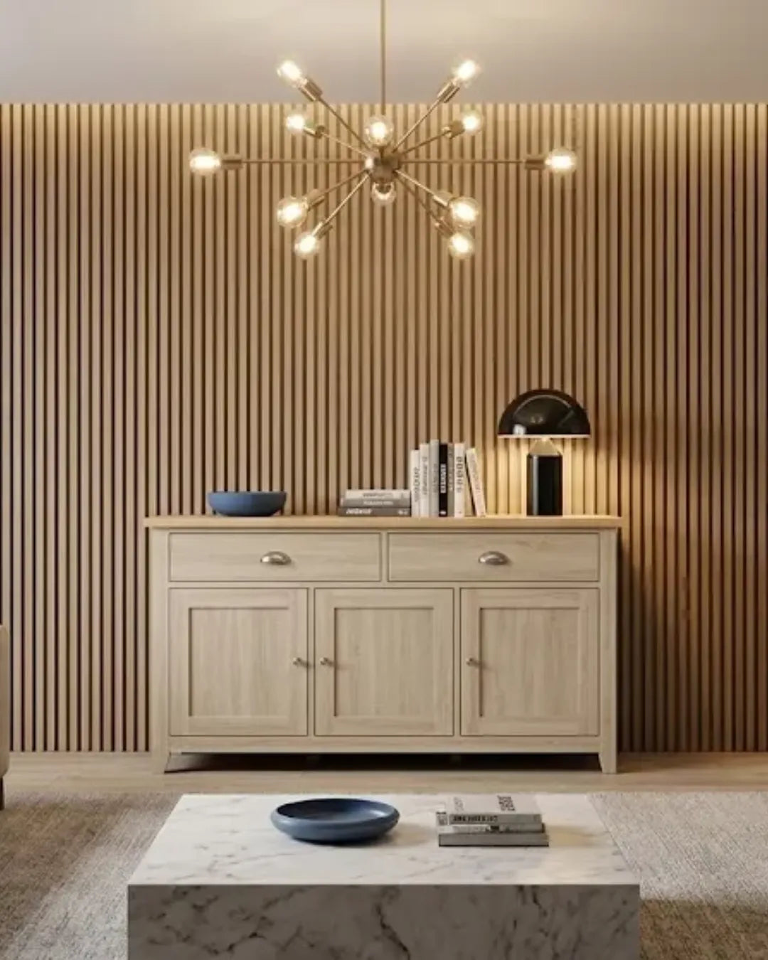 buffet polyvalent modèle Mila couleur chêne et chêne clair dans un living room