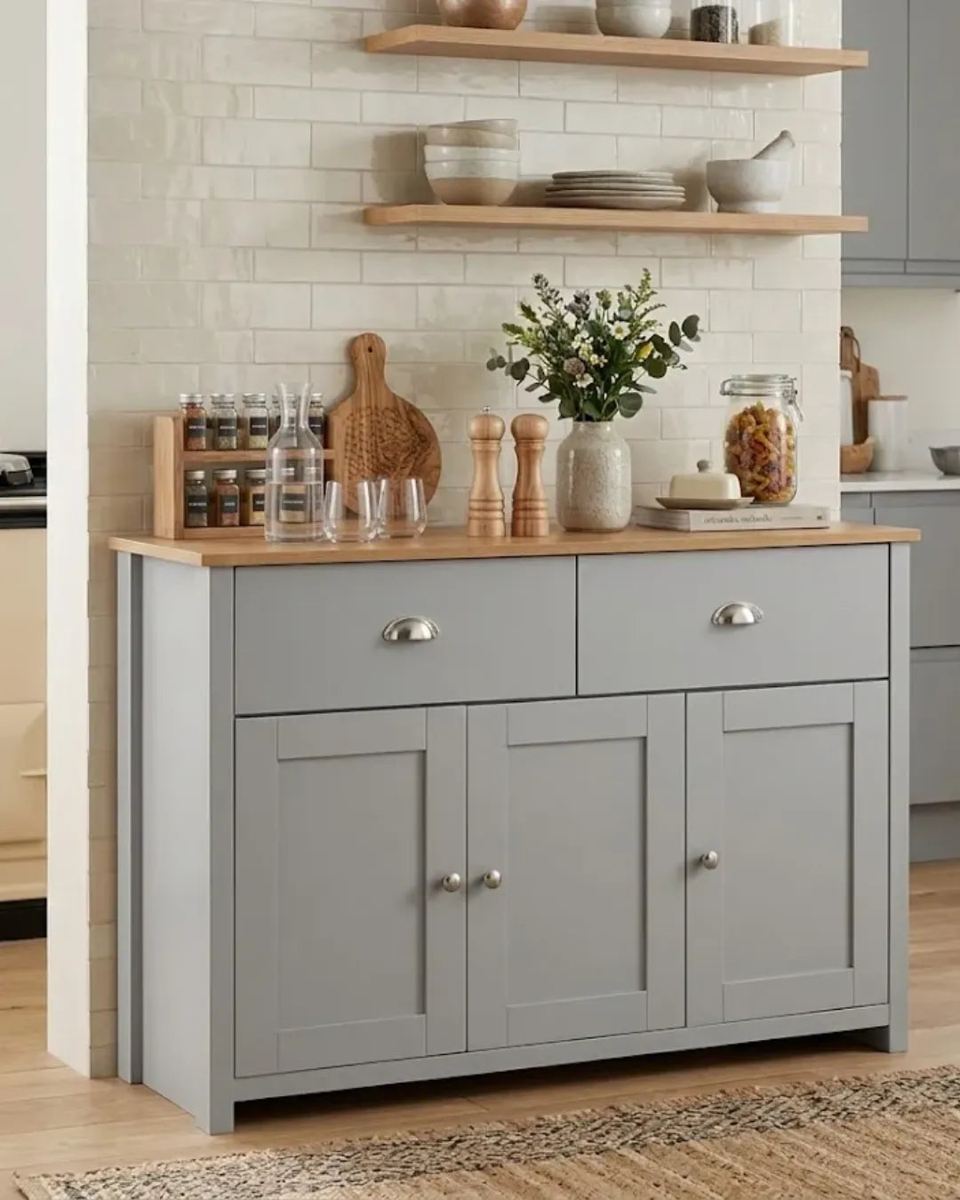 buffet polyvalent modèle Mila couleur gris  et chêne sans une cuisine rangements fermés