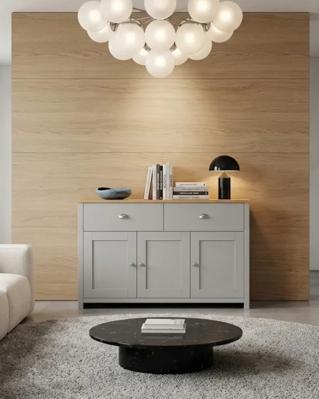 buffet polyvalent modèle Mila couleur gris et chêne dans un living room