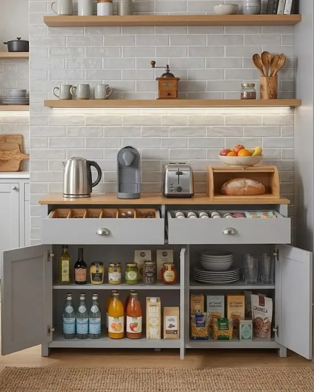 buffet polyvalent modèle Mila couleur gris et chêne dans une cuisine rangements ouverts
