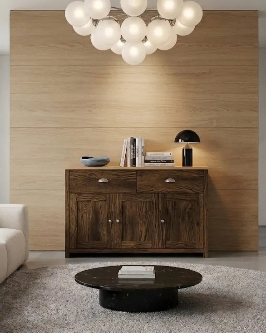 buffet polyvalent modèle Mila couleur baroque et chêne dans un living room