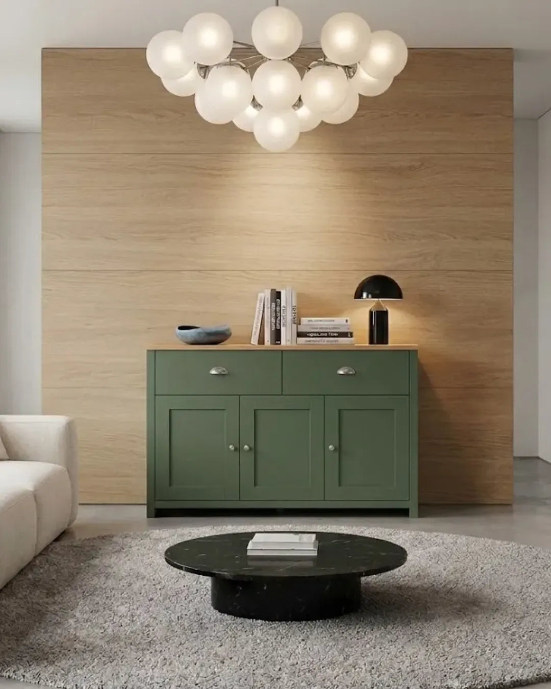 buffet polyvalent modèle Mila couleur vert et chêne dans un living room