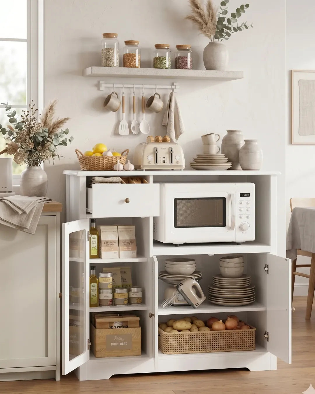 armoire buffet modèle Livia couleur blanc portes et tiroirs ouverts dans une cuisine