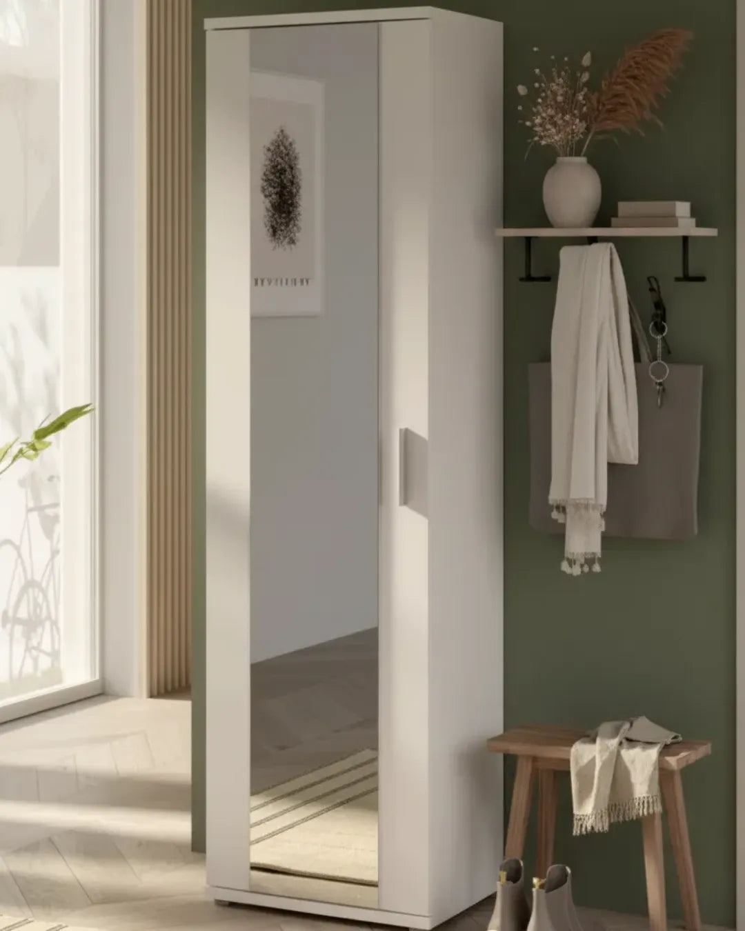 Nina – Armoire de Rangement Multifonction 180cm avec Miroir Pleine Longueur et Étagères Réglables, couleur blanc
