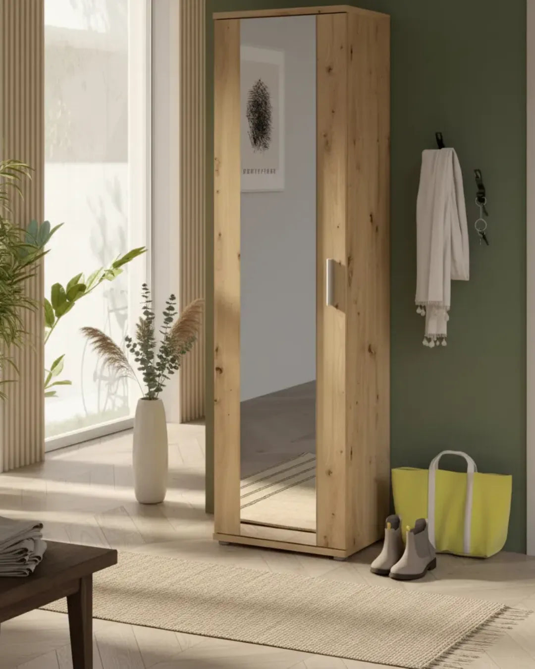 Nina – Armoire de Rangement Multifonction 180cm avec Miroir Pleine Longueur et Étagères Réglables ,couleur chêne