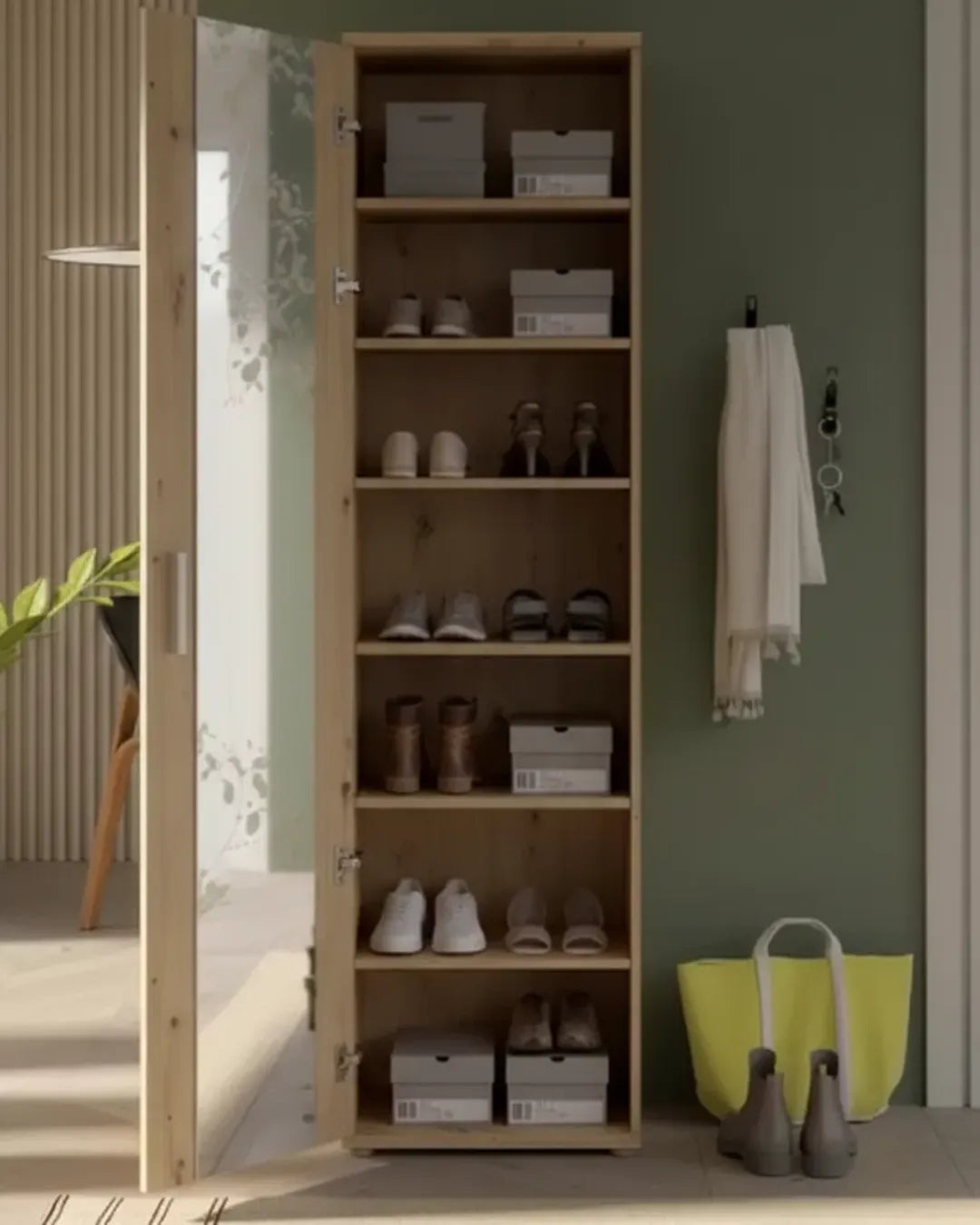 Nina – Armoire de Rangement Multifonction 180cm avec Miroir Pleine Longueur et Étagères Réglables ,rangement des chaussures à plat