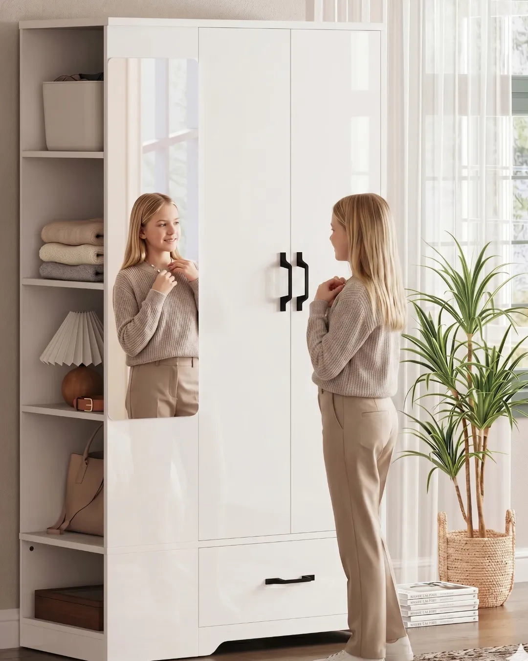 Emma – Garde-Robe Multifonction 178cm avec Miroir, Tiroir et 5 Étagères Latérales Ouvertes, dans une chambre adolescente