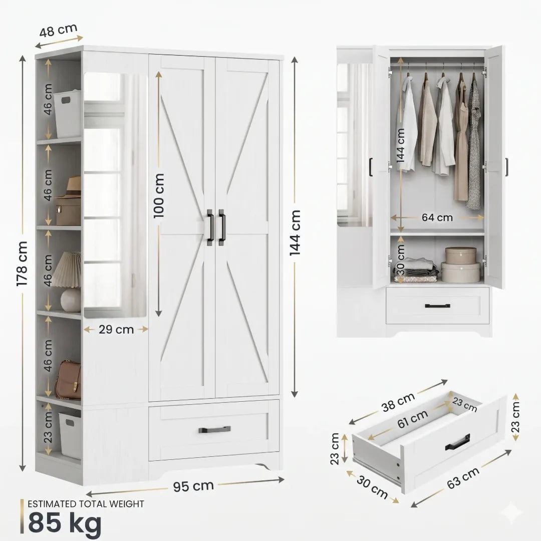 Emma – Garde-Robe Multifonction 178cm avec Miroir, Tiroir et 5 Étagères Latérales Ouvertes, mesures et dimensions